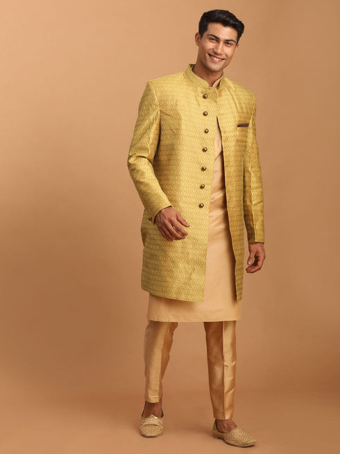 Vastramay Men's Yellow Silk Blend Sherwani With Rose Gold Kurta Pant Set